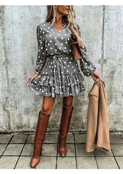 Kadın Uzun Kollu V Yakalı Belden Kuşaklı Puantiyeli Mini Modal Elbise modelleri