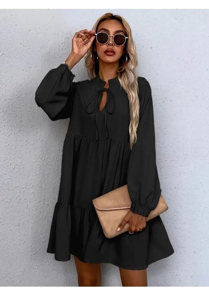 Kadın Uzun Kollu Yakadan Bağcıklı Fırfırlı Keten Mini Elbise modelleri