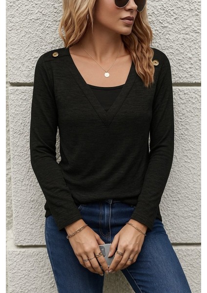 Kadın Uzun Kollu V Yaka Düğme Detaylı Yumoş Bluz fiyatları