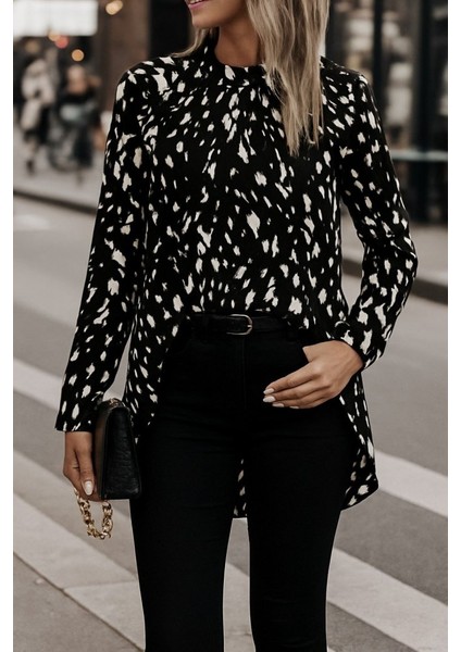 Kadın Uzun Kollu Yarı Balıkçı Yaka Desenli Dokuma Bluz modelleri