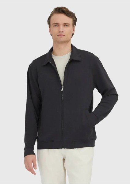 Antrasit Polo Yaka Düz Sweatshırt