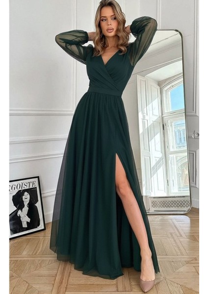 Kadın Uzun Kollu Kruvaze Yakalı Belden Kuşaklı Tüllü Uzun Ithal Krep Elbise