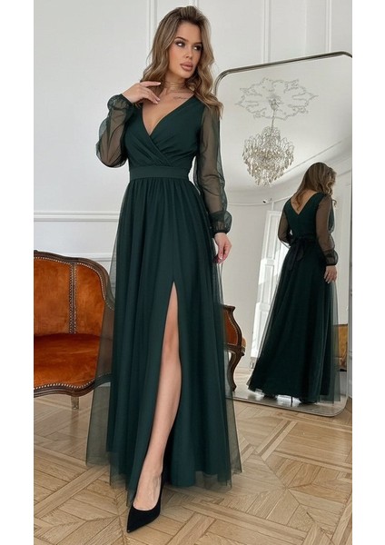 Kadın Uzun Kollu Kruvaze Yakalı Belden Kuşaklı Tüllü Uzun Ithal Krep Elbise fiyatları