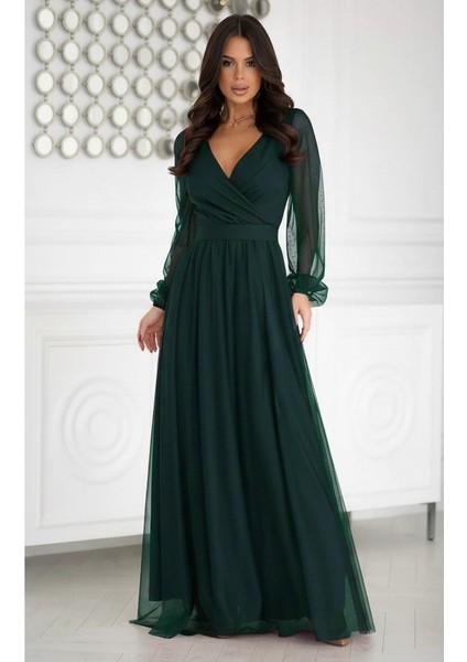 Kadın Uzun Kollu Kruvaze Yakalı Belden Kuşaklı Tüllü Uzun Ithal Krep Elbise modelleri