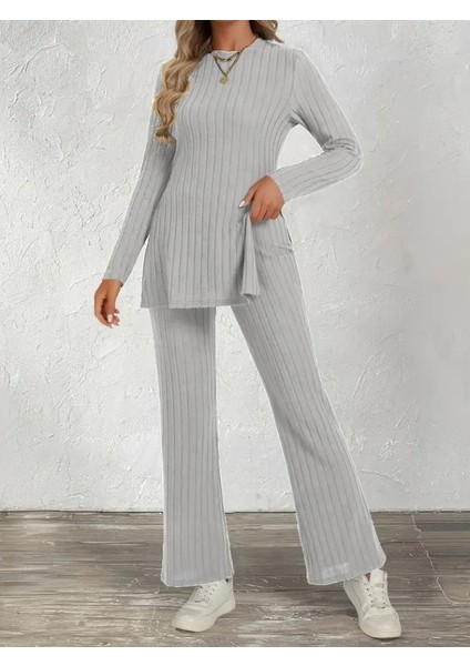 Kadın Uzun Kollu Bisiklet Yaka Yandan Yırtmaçlı Şardonlu Kaşkorse Bluz ve Pantolon Ikili Takım
