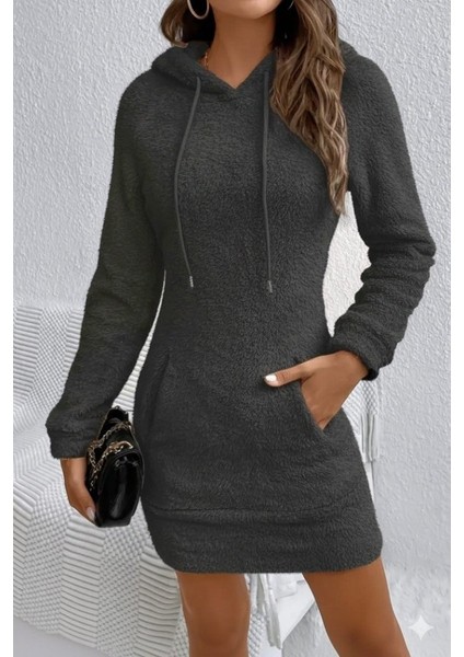 Kadın Uzun Kollu Kapşonlu Cepli Mini Peluş Elbise modelleri