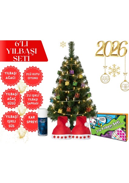 Yeni Yıl Coşkusu Kapınızda! | Eksiksiz Yılbaşı Parti Seti: 90CM Çam Ağacı, Işıklar, Süsler, 2 Şapka, Kar Spreyi & 3'lü Oyun Kutusu