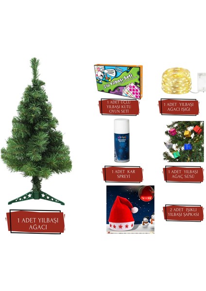Yeni Yıl Coşkusu Kapınızda! | Eksiksiz Yılbaşı Parti Seti: 90CM Çam Ağacı, Işıklar, Süsler, 2 Şapka, Kar Spreyi & 3'lü Oyun Kutusu fiyatları