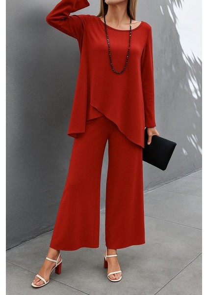 Kadın Uzun Kollu Asimetrik Detaylı Salaş Sandy Bluz ve Pantolon Ikili Takım modelleri