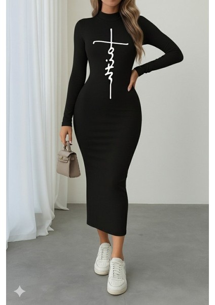 Kadın Uzun Kollu Boğazlı Baskı Detaylı Viskon Tam Boy Elbise fiyatları