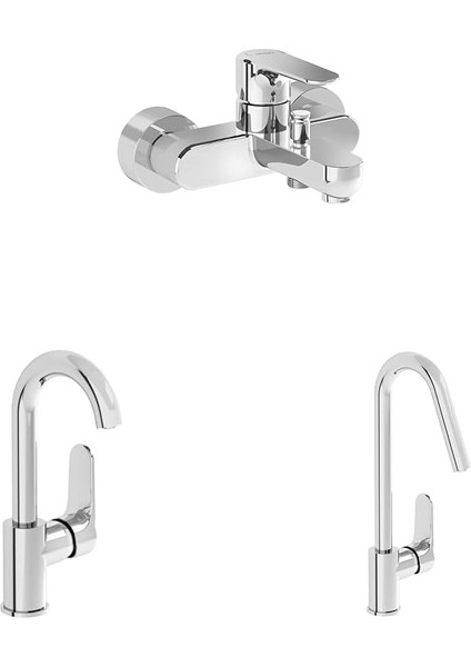 Root Round Döner Borulu Lavabo Bataryası + Banyo Bataryası + Eviye Bataryası Seti