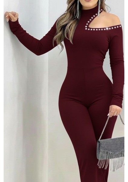 Kadın Tek Omuzdan Açık Balıkçı Yaka Taş Detaylı Uzun Ithal Krep Tulum fiyatları