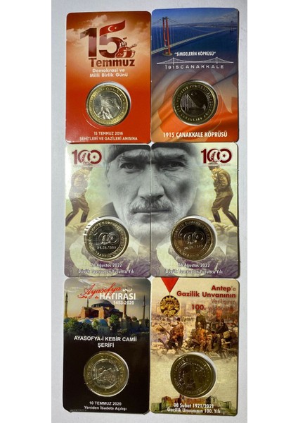 6 'lı Hatıra 1 Lira Para Kiti Seti, Ayasofya, Antep, Çanakkale, 15 Temmuz, 2'li Büyük Taarruz Çil