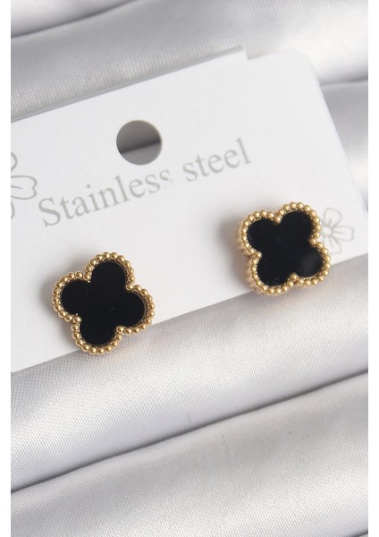 316L Çelik Gold Renk Siyah Yonca Model Kadın Küpe - TJ-BKP10199