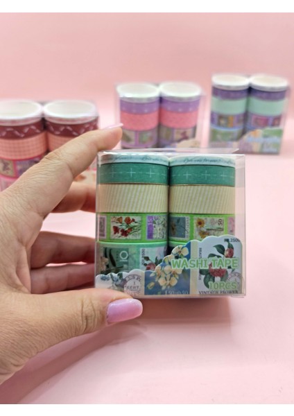 Vintage Washi Tape Bant Baskılı Yapışkanlı Maskeleme Kağıdı Desenli Bant 10'lu - Yeşil Pul Mektup