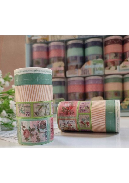 Vintage Washi Tape Bant Baskılı Yapışkanlı Maskeleme Kağıdı Desenli Bant 10'lu - Yeşil Pul Mektup fiyatları