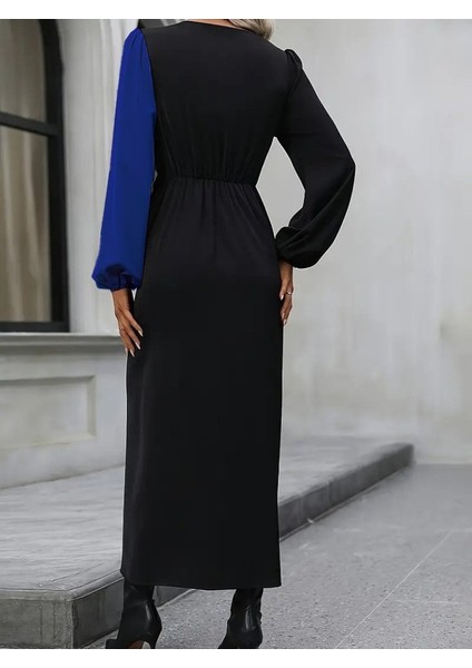 Kadın Uzun Kollu Kruvaze Yakalı Belden Çapraz Detaylı Çift Renkli Midi Ithal Krep Elbise modelleri