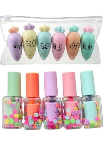 Havuç ve Oje Şekilli Fosforlu Kalem Seti, Çok Renkli 2934 Toplam 11 Emojili Kalem