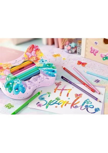 Faber-Castell Sparkle Boya Kalemi, 20’li, Kelebek Şeklinde Metal Kutu, Efektli ve Pastel Renkler