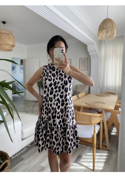 Kadın Kolsuz Sırttan Bağlamalı Fırfırlı Leopar Desenli Süprem Elbise indirimleri