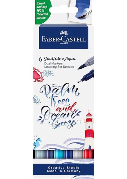 Faber-Castell Goldfaber Aqua Çift Uç Markör Kaligrafi 6’lı Seaside, Fırça ve Fineliner, Solmaya