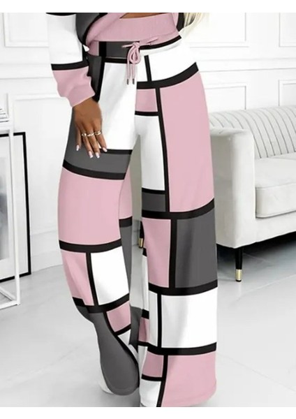 Kadın Uzun Kollu Kapşonlu Bağcıklı Desenli Iki Iplik Bluz ve Pantolon Ikili Takım modelleri