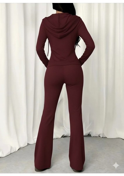 Kadın Uzun Kollu Kapşonlu Bağcıklı Önü Fermuarlı Viskon Iki Iplik Bluz ve Pantolon Ikili Takım fiyatları