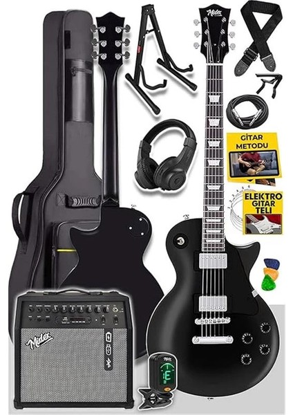 GRX-200BK-50-AMP Les Paul Kasa Elektro Gitar Seti 50 Watt Gainli Şarjlı Amfi ve Full Set (H-H)