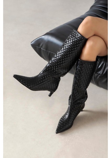 Esila Kadın Örgü Detay Deri Çizme Siyah
