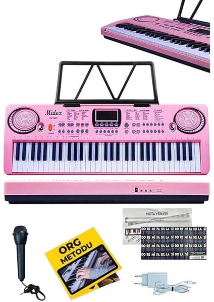 Midex PS-1500PK Başlangıç Için 61 Tuşlu Org Pembe Renk Notalık Adaptör Mikrofon (100 Ses 100 Ritim)