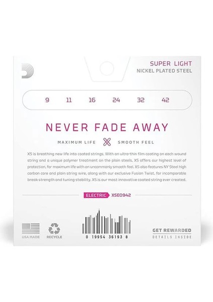 D'addario XSE0942, 09-42 Super Light, Xs Nikel Kaplamalı Gitar Telleri Elektro Gitar Için fiyatları