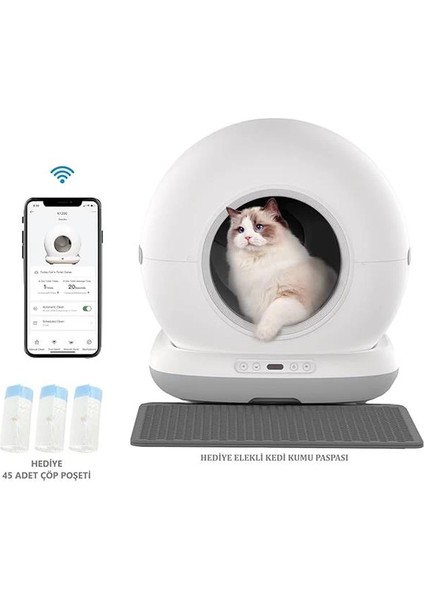 CB001 Akıllı Otomatik Kedi Tuvaleti, App ile Uzaktan Kontrol, 75LT Hazne, 7lt Çöp Haznesi modelleri
