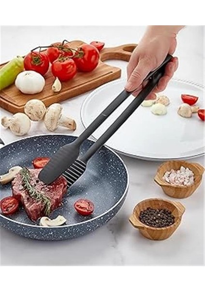 Servis ve Izgara Maşası Yanmaz Yapışmaz Teflon Maşa Kaymaz Barbekü Maşası Siyah