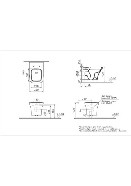Zentrum Square 7484B003-0090 Asma Klozet, Beyaz,gizli Montaj, 54 cm fiyatları