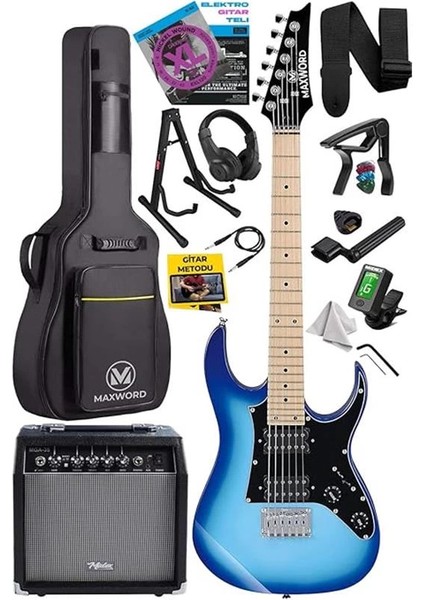 DE-150BL-35AMP Maple Klavye Hh Yüksek Kaliteli 35W Amfili Elektro Gitar Seti