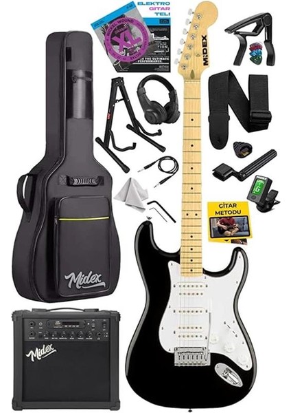 RPH-40WB-25AMP Siyah Beyaz 25W Şarjlı Bt Amfili Elektro Gitar Seti Hsh Manyetik Maple Klavye