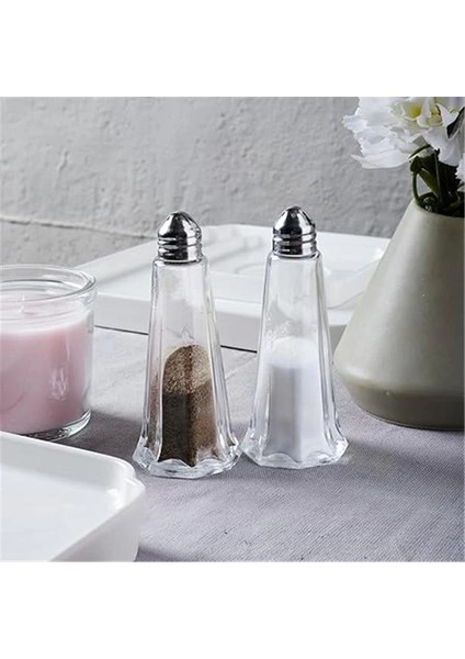 15332 2'li Cam Gövdeli Metal Krom Kapaklı Tuzluk Biberlik - Baharatlık Karabiberlik Seti -