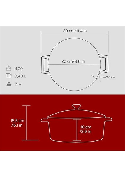 Metal Döküm Yuvarlak Tencere, 22 Cm, Kırmızı indirimleri