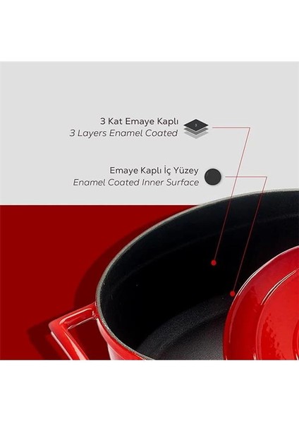 Metal Döküm Yuvarlak Tencere, 22 Cm, Kırmızı