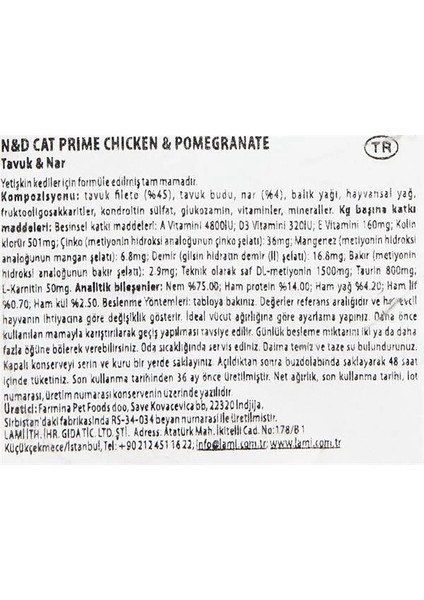 N&d Prime Yaş Kedi Maması, Tavuklu & Narlı, Yetişkin, 70 G fırsatları