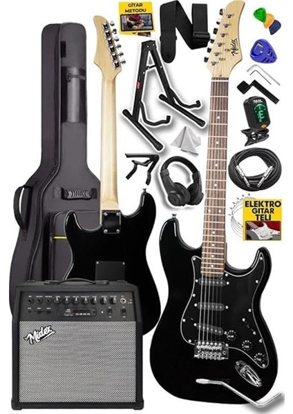 RPH-30BK-50AMP Black Elektro Gitar Seti 50 Watt Bluetooth Şarjlı Amfi Kulaklık Full Set