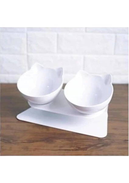 Standlı Kedi Kafalı Mama Kabı 2 Li Beyaz