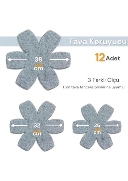 12'li Set Tava Tencere Koruyucu ve Düzenleyici Keçesi (Gri)