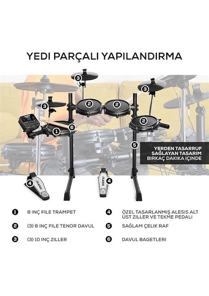 Turbo Mesh Kit - Elektronik Davul Seti, Dijital Bateri, Yeni Başlayanlar Için Sessiz 8 Inç modelleri