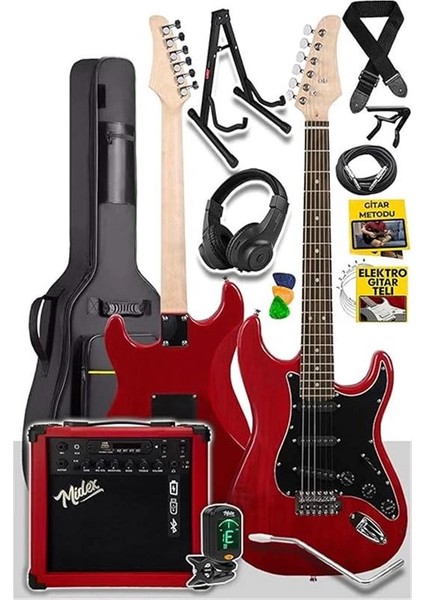 RPH30RD-25AMP Red Elektro Gitar Seti 25 Watt Gain'li Şarjlı Amfi ve Full Set