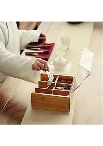 Akrilik Şeffaf Kapaklı Bambu 6 Bölmeli Çay Kutusu -%100 Orjinal Bambu Şeffaf Kapak