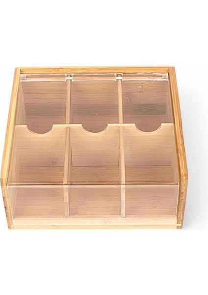 Akrilik Şeffaf Kapaklı Bambu 6 Bölmeli Çay Kutusu -%100 Orjinal Bambu Şeffaf Kapak