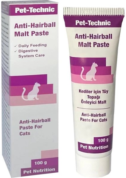 Pet-Technic Anti Hairball Malt Paste – Kediler Için Malt Bazlı Tüy Yumağı Önleyici Takviye Macunu –