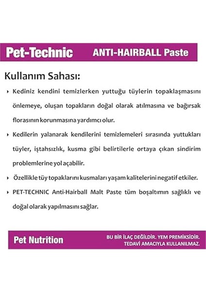 Pet-Technic Anti Hairball Malt Paste – Kediler Için Malt Bazlı Tüy Yumağı Önleyici Takviye Macunu –