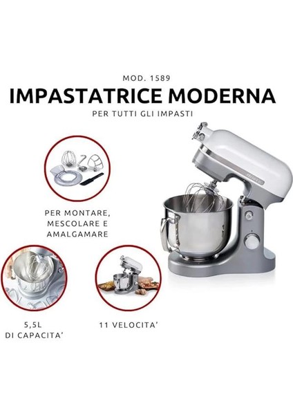 Moderna Mutfak Şefi Beyaz Gri 1589/01 - Döküm Gövde, Planet Mikser Yoğurma Makinesi, 1600 fiyatları